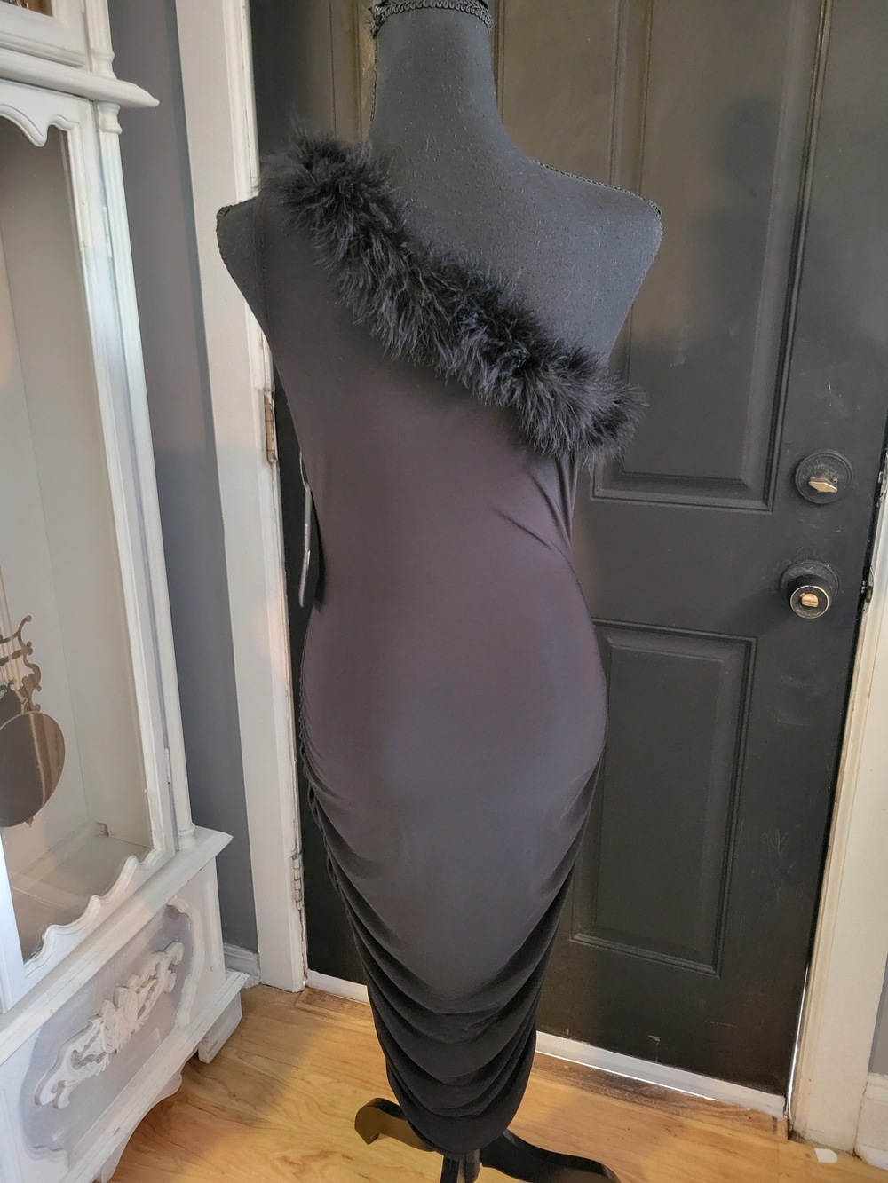 bebe Black One-Shoulder Feather-Trim Midi Dress - Picture 3 of 4